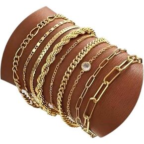 VIRTUAL HEAVEN for 9-Piece Bracelet Set, Stainless Steel Bracelet Set, Gold-Tone Chain Bracelets Set for Women, Assorted Styles, Gift for all Occasions, 9 Piece Set, Large