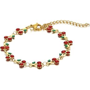 Cherry Bracelet for Women Dainty Red Pink Cherry Daisy Bracelet Cherry Link Bracelet Cherry Charm Bracelet Fruit Crystal Enamel Bracelet Adjustable Summer Beach Jewelry