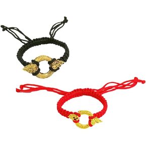 2 Pcs. (1 Red 1 Black) Thai Amulet Buddhist Handmade Adjustable Naga loop Cord Rope String Bracelet With Gold Color Brass Energy Talisman For Men Women Friend Luck Blessing Vintage Accessory