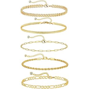 Gold Bracelets for Women 14K Gold Jewelry Sets for Women Waterproof Trendy Thin Dainty Stackable Cuban Link Paperclip Chain Bracelet Pack Fashion Accessories for Gifts
