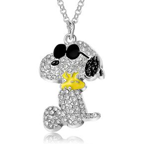 SALLY ROSE Peanuts Snoopy Necklace for Women Official License, 16"+3" Crystal Pave Joe Cool and Woodstock Necklace, Adult Snoopy Gifts