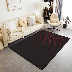 Abstract Hexagon Area Rug 5x6'6'' Red Black Geometric Honeycomb Plaid Rug for Teens Adults Modern Simple Patchwork Grid Decorative Non Slip Carpet for Hosuewarming Office