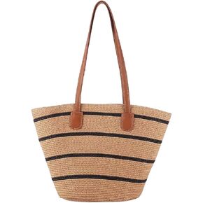 SUCADA Soft Straw Beach Bag Handbag Fashion Stripe Design Joker Shoulder Bag Shopping Handbag is Suitable for Travel, Beach Dinners and Perfect Gifts for Mothers Teachers and Friends