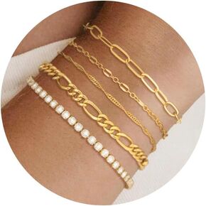 Stackable Fashion Bracelets for Women, Gold Bracelets for Women Trendy, Moissanite Bracelet for Women, Dainty Gold Bracelet Pack, Tennis and Snack Chain Bracelet Set