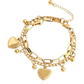 Double Layered Heart Pendant Bracelet for Women Gold Stainless Steel Multi Chains Bracelet with Ball and Heart Jewelry Gifts