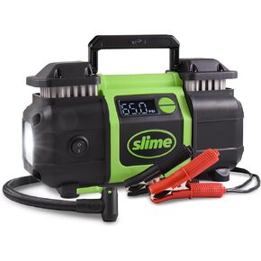 Slime 40083 Tire Inflator, Super Duty Pro Power, Battery Connection, Dual Piston, with digital 0-99 psi Gauge, Long Hose and LED Light, Alligator Clips, 2 min inflation