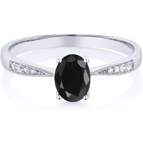 Gem Stone King 10K White Gold Black Sapphire and White Diamond Engagement Ring For Women (1.13 Cttw, Gemstone September Birthstone, Oval 7X5MM, Available In Size 5, 6, 7, 8, 9)