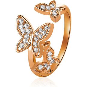 Butterfly Rings for Women Dainty Cubic Zirconia Open Butterfly Finger Ring Adjustable Rhinestone Double Butterfly Knuckle Ring for WomenF