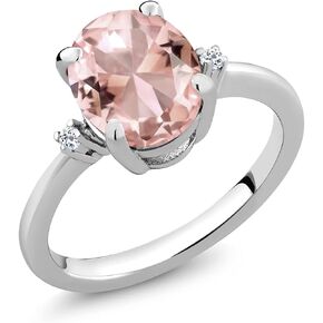Gem Stone King 2.36 Cttw Peach Nano Morganite and White Topaz 3 Stone Ring For Women | 925 Sterling Silver | Oval 10X8MM | Gemstone October Birthstone | Available in Size 5,6,7,8,9