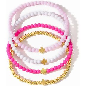 Gold Beads Stack Bracelets Set for Women, Cute Boho Handmade Pink White Beaded Stretch Bracelet Summer Beach Jewelry Gift.