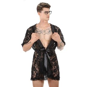 Men's Lace Soft Robe With Thong Sexy Top And Bottom Nightgown Half-Sleeve Pajamas for twinks