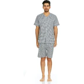Apparel Mens Cotton Yarn Dyed Short Sleeve Short Leg Printed Pajamas Set