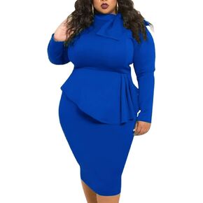 SEMATOMALA Women’s Tie Bowknot Neck Long Sleeve Peplum Knee Length Party Office Business Bodycon Plus Size Dress