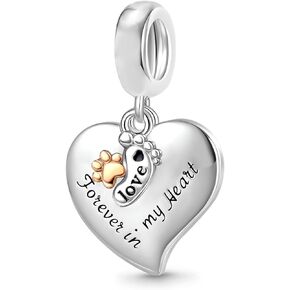 Footprint Heart Dangle Charm Forever in My Heart Bead for Pandora Bracelet Mom Present, Aut-255_Dfeet