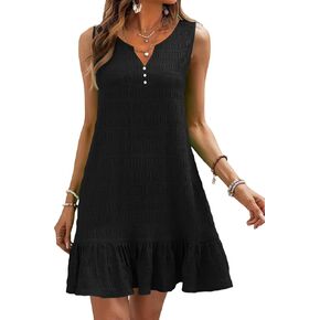 SAUKOLE Women’s Sleeveless Tank Dresses Summer V Neck Button Ruffle Hem Sundress Casual Mini Dress with Pockets