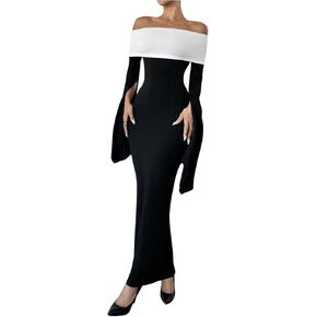 SOLY HUX Women's Maxi Dress Off Shoulder Long Sleeve Split Back Bodycon Long Dresses