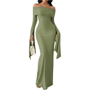SOLY HUX Women's Maxi Dress Off Shoulder Long Sleeve Split Back Bodycon Long Dresses