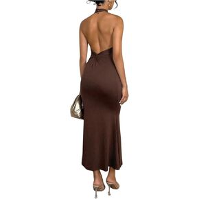 GORGLITTER Women's Twist Backless Ribbed Dress Rruched Halter Neck Sleeveless Bodycon Maxi Dresses