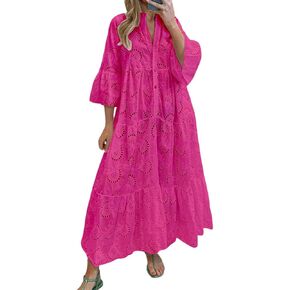 chouyatou Women's 2024 Lace Eyelet Embroidery Maxi Dress V-Neck Trumpet Sleeve Boho Flowy Swing Dress