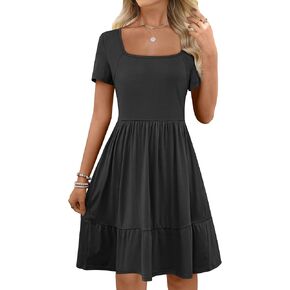 ANRABESS Womens Summer Casual Dresses Short Sleeve Square Neck Babydoll Dress 2025 Vacation A-Line Beach Cute Short Sundress
