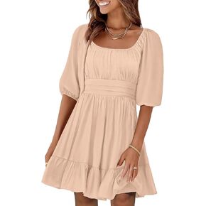 ANRABESS Women Summer Casual Short Lantern Square Neck A-Line Flowy Boho Mini Dress 2025 Trendy