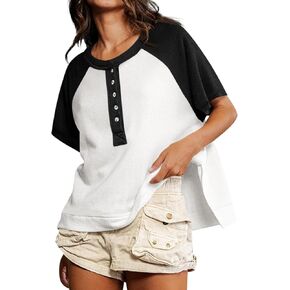 Fisoew Womens Raglan Short Sleeve T Shirts Casual Color Block Summer Tops Loose Fit Button Up Tees