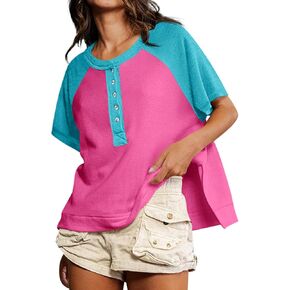 Fisoew Womens Raglan Short Sleeve T Shirts Casual Color Block Summer Tops Loose Fit Button Up Tees
