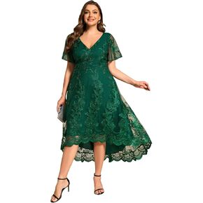 Ever-Pretty Plus Women's Gorgeous V Neck Short Sleeves High Low Embroidery A Line Plus Size Midi Semi Formal Dresses 02255-DA