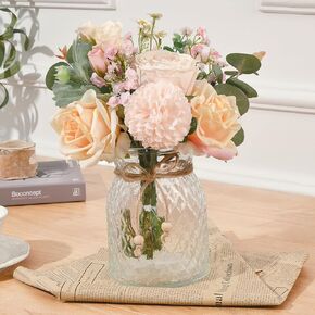 Dolicer Artificial Flowers with Vase, 14’’ Artificial Silk Roses in Vase, Faux Flower Arrangement with Vase for Table Centerpiece Office Farmhouse Kitchen Coffee Dining Home Decor (Yellow)