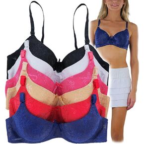 ToBeInStyle Women's Pack of 6 Vibrant Assorted Textured Surface Comfy Bras - Smooth Floral and Butterfly - 36C