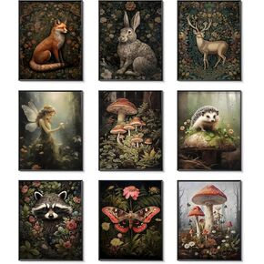 Dark Cottagecore Room Decor Aesthetic Set of 9, Vintage William Morris Animal Art Print Posters, Cottage Core Canvas Wall Decor, Nature Forest Mushroom Animal Pictures for Bedroom 8x10Inch Unframed