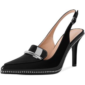 Womens Sling Back Heels Trendy Beaded Loafers Heels Stiletto High Heels Slip On Pointed Toe Pumps for Casual Work Daily Patent Leather Black US Size 10