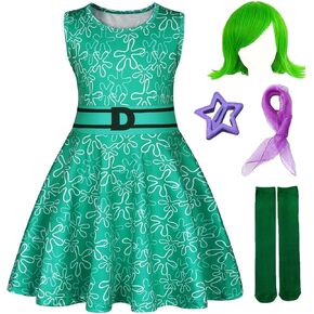 HenzWorld Girls Disgust Costume Cartoon Joy Costume Dress up for Kids Halloween Cosplay Sleeveless Dress Outfit with Wig