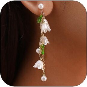 Cute Lily Of The Valley Earrings Fairy Flower Jewelry for Women, Statement White Flower Pearl Long Tassel Dangle Earrings Idyllic Holiday Leaf Earrings