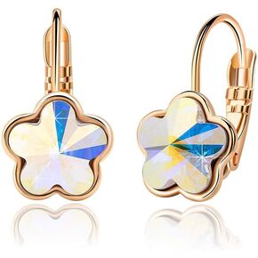 Austrian Crystal Flower Leverback Drop Earrings for Women 14K Rose Gold Plated Hypoallergenic Jewelry