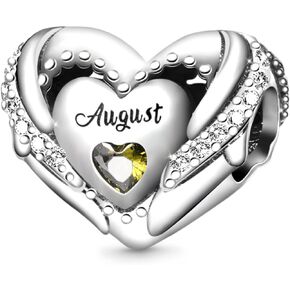 GNOCE Birthstone Charm for Charms Bracelet 925 Sterling Silver Love Heart Bead Happy Birthday Charms for Bracelet/Necklace Gift for Valentine's Day Mother's Day (August)
