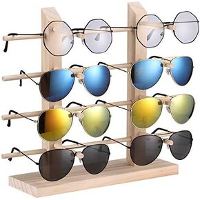 Wooden Sunglass Display Organizer Stand Holder, Double Row 8 Pairs Linen Eyewear Organizer Tabletop Retail Storage Rack Wood Showing Case