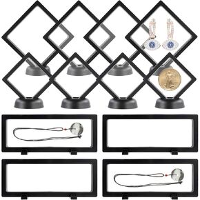 JINGIHE 12Pcs Floating Frame Display Case, Challenge Coin Display Holder with Base, 3D Transparent Jewelry Storage Box for Ring Earring Necklace Bracelet Collectibles Shell Crystal (3 Size, Black)