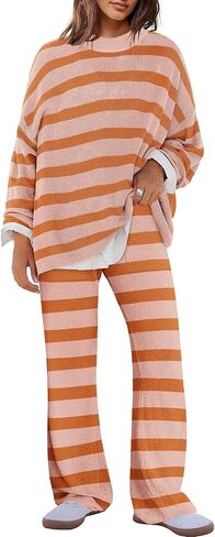 Panadila Womens Oversized Lounge Sets Striped Sweater Set 2 Piece Pajama Set Long Sleeve Top and Pants with Pockets in Kuwait