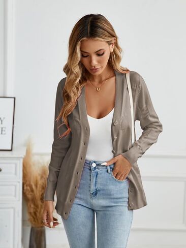 Famulily Women Ribbed Chic Block Pattern Button Down Knit Long Sleeve Cardigan Outerwear in Saudi Arabia