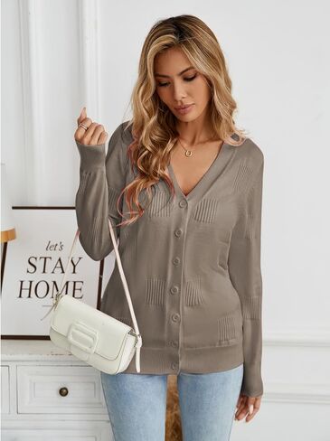 Famulily Women Ribbed Chic Block Pattern Button Down Knit Long Sleeve Cardigan Outerwear in Saudi Arabia