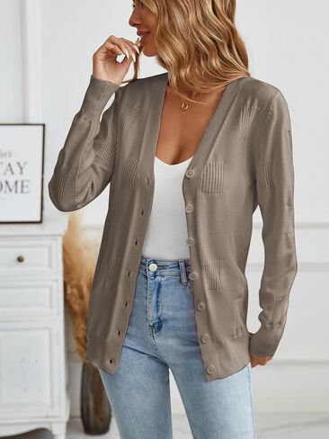 Famulily Women Ribbed Chic Block Pattern Button Down Knit Long Sleeve Cardigan Outerwear in Saudi Arabia