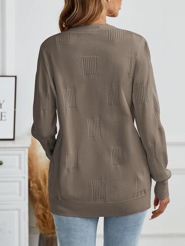 Famulily Women Ribbed Chic Block Pattern Button Down Knit Long Sleeve Cardigan Outerwear in Saudi Arabia