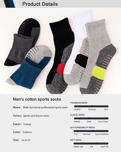 Mens Athletic Crew Socks 5 Pairs Cushion Running Socks Outdoor Hiking Socks Arch Compression Socks 6-12 in Saudi Arabia