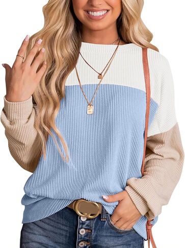 Womens Fashion 2024 Fall Long Sleeve Color Block Crewneck Knitted Ribbed Tops Casual Comfy Loose Blouse Pullover in Kuwait