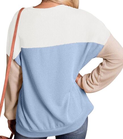 Womens Fashion 2024 Fall Long Sleeve Color Block Crewneck Knitted Ribbed Tops Casual Comfy Loose Blouse Pullover in Kuwait