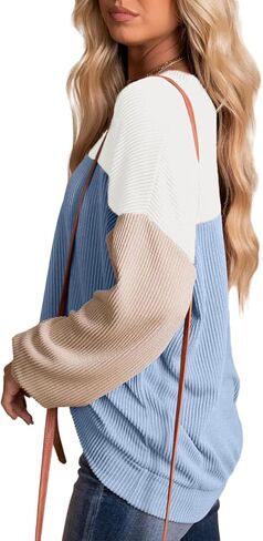 Womens Fashion 2024 Fall Long Sleeve Color Block Crewneck Knitted Ribbed Tops Casual Comfy Loose Blouse Pullover in Kuwait