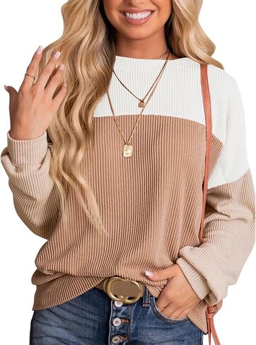 Womens Fashion 2024 Fall Long Sleeve Color Block Crewneck Knitted Ribbed Tops Casual Comfy Loose Blouse Pullover in Kuwait