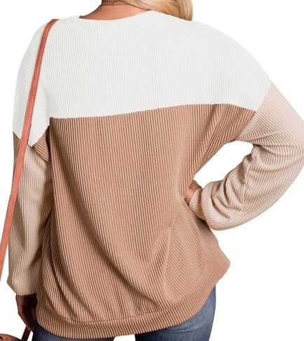 Womens Fashion 2024 Fall Long Sleeve Color Block Crewneck Knitted Ribbed Tops Casual Comfy Loose Blouse Pullover in Kuwait