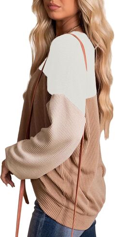 Womens Fashion 2024 Fall Long Sleeve Color Block Crewneck Knitted Ribbed Tops Casual Comfy Loose Blouse Pullover in Kuwait